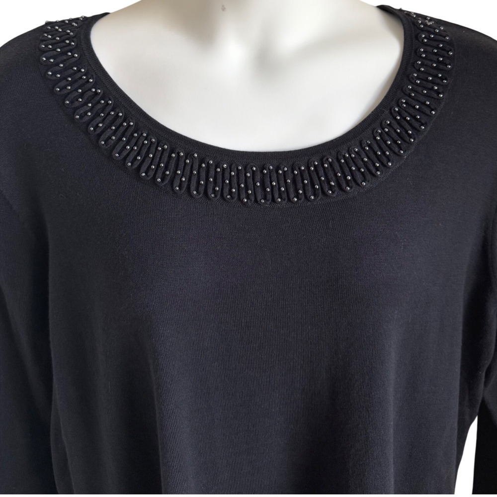 Quiet Luxury Black Beaded Neckline Cuff Long Sleeve Top Elegant Minimalist 2X - Picture 3 of 6